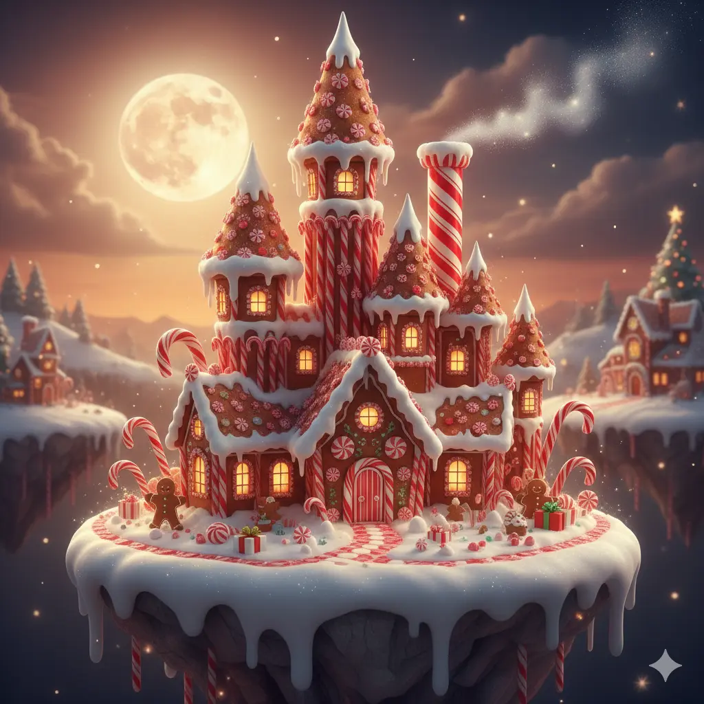 Surreal candy cane ai castle with sugar texture