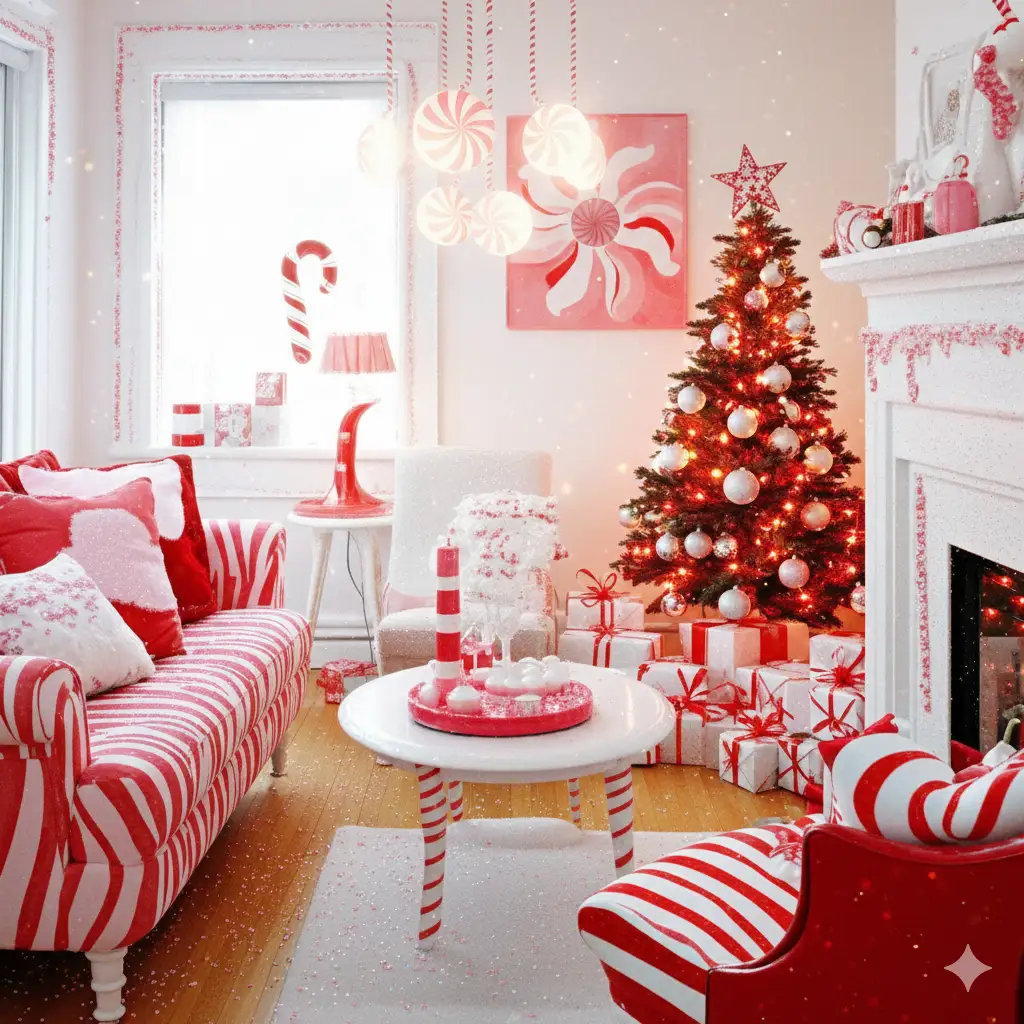 Christmas ai photo trend living room with candy cane furniture
